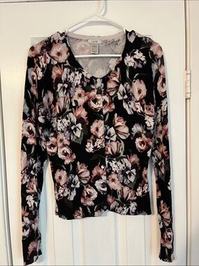Cache Black Floral Button-Front Women’s Cardigan with Pink Flowers